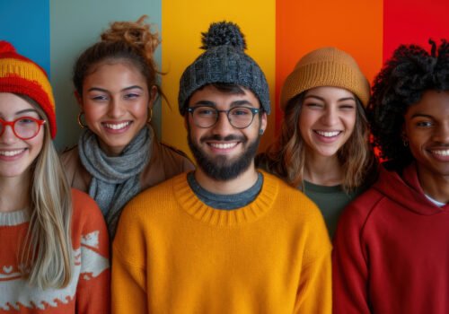 Group of Joyful Multiethnic Friends in Winter Attire Smiling Against a Vibrant Background