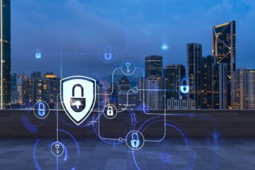 Rooftop with wooden terrace, Kuala Lumpur night skyline. Cyber security concept to protect clients confidential information. IT hologram padlock icons. City downtown. Double exposure.