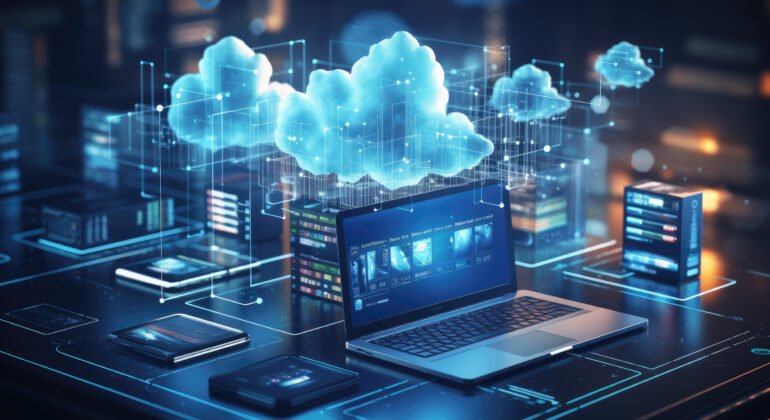 Digital informational technology web futuristic hologram with cloud computing. Generative AI