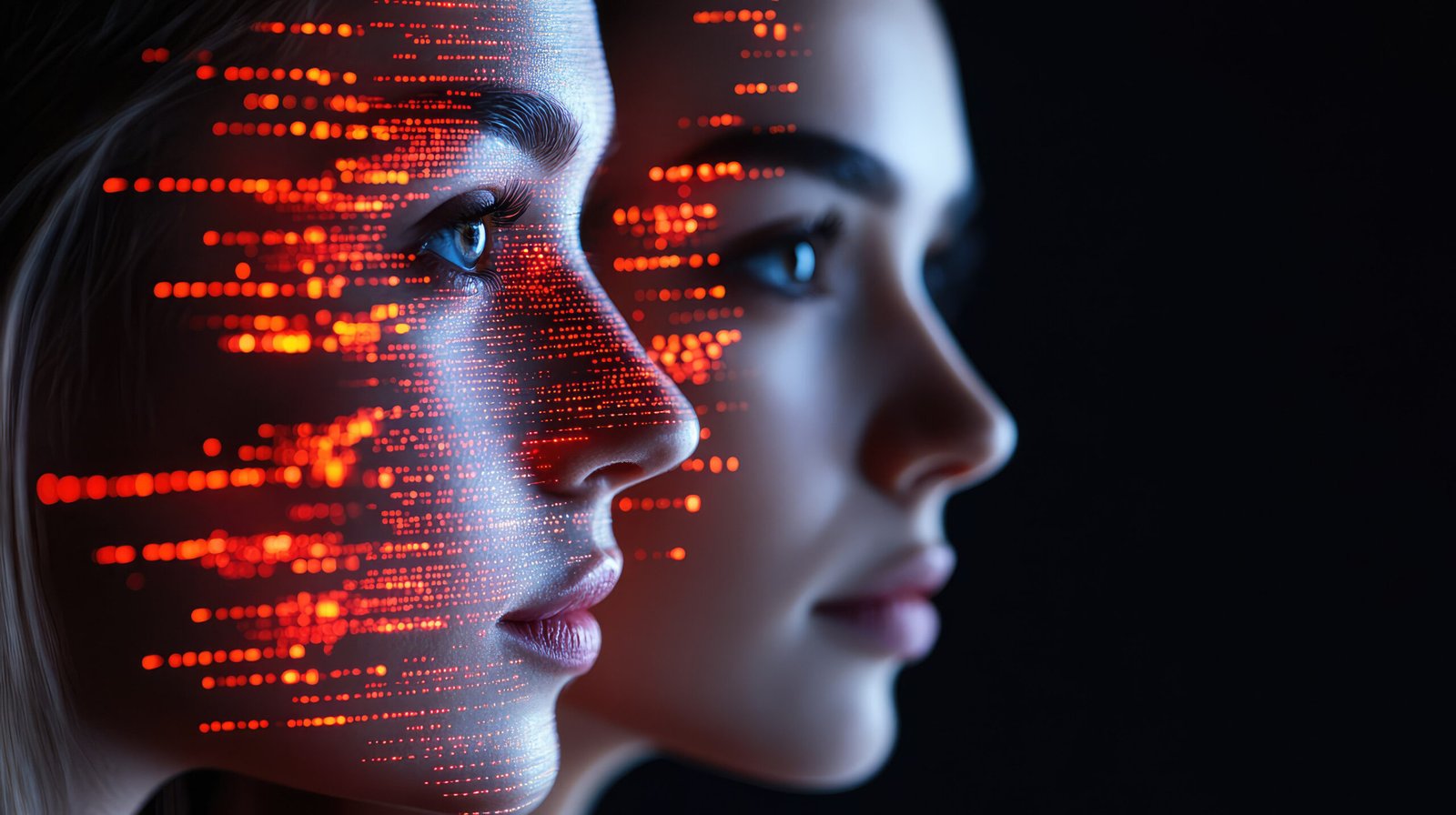 Two Women with Digital Overlay on Faces, Red Light Effects, Dark Background for Technology and Innovation Themes
