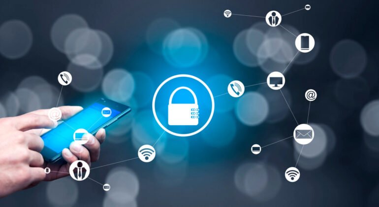 man holding smartphone with lock icon