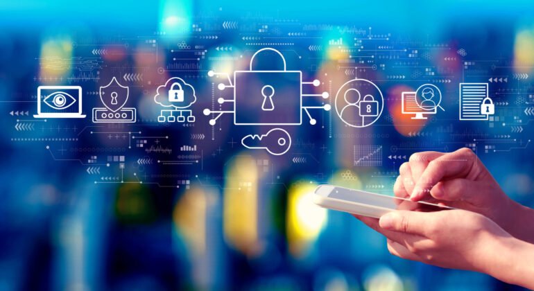 Data Security concept with person using a smartphone at night