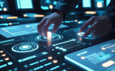 close up of businessman working with virtual panel interface in office at night