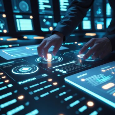 close up of businessman working with virtual panel interface in office at night