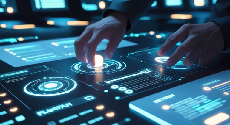 close up of businessman working with virtual panel interface in office at night