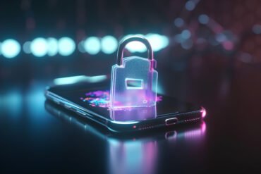 3d rendering of a smartphone with a padlock on the screen