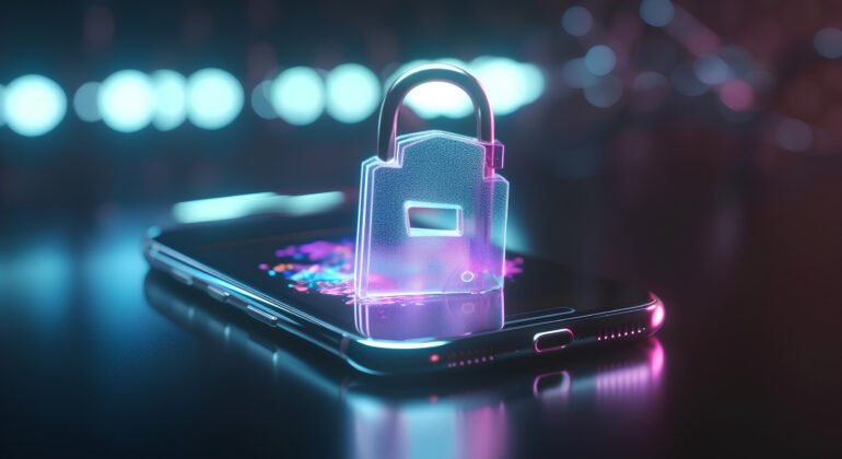 3d rendering of a smartphone with a padlock on the screen