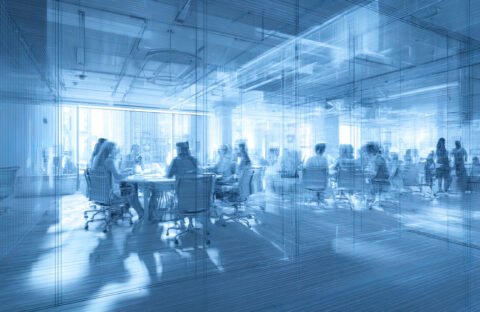 Business people in a modern office. Blue toned image double exposure