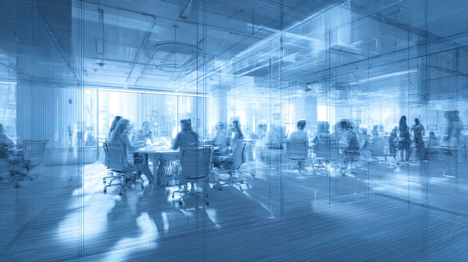 Business people in a modern office. Blue toned image double exposure