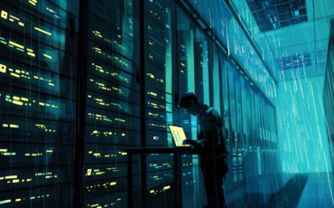 Silhouette of a person working on a laptop in a server room. modern technology and data center concept. cybersecurity and networking. AI