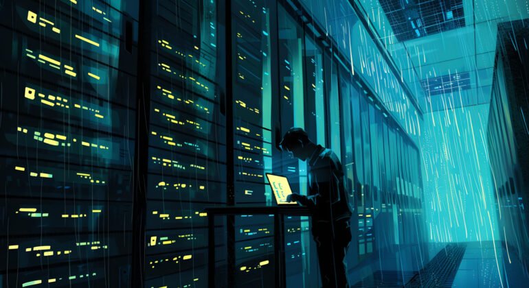 Silhouette of a person working on a laptop in a server room. modern technology and data center concept. cybersecurity and networking. AI
