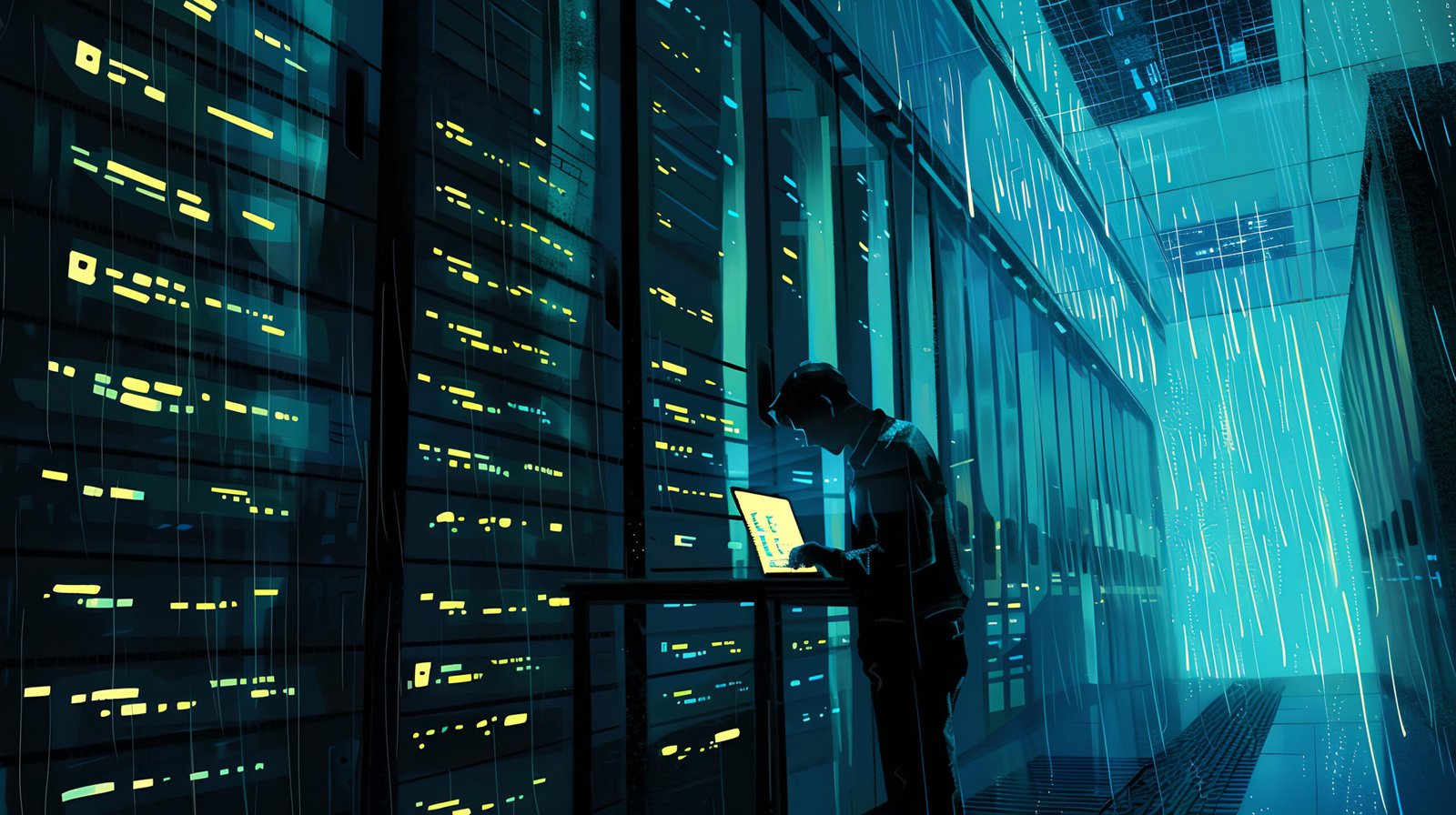 Silhouette of a person working on a laptop in a server room. modern technology and data center concept. cybersecurity and networking. AI