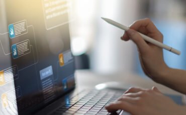 Digital Workflow Management and Project Planning Visualization on Modern Tablet Interface.