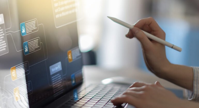 Digital Workflow Management and Project Planning Visualization on Modern Tablet Interface.