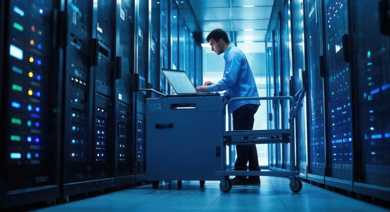 Young businessman working with laptop in server room data center. Toned image.