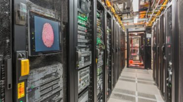 Modern Data Center with Server Racks and Biometric Security Featuring Fingerprint Technology in High-Tech Environment