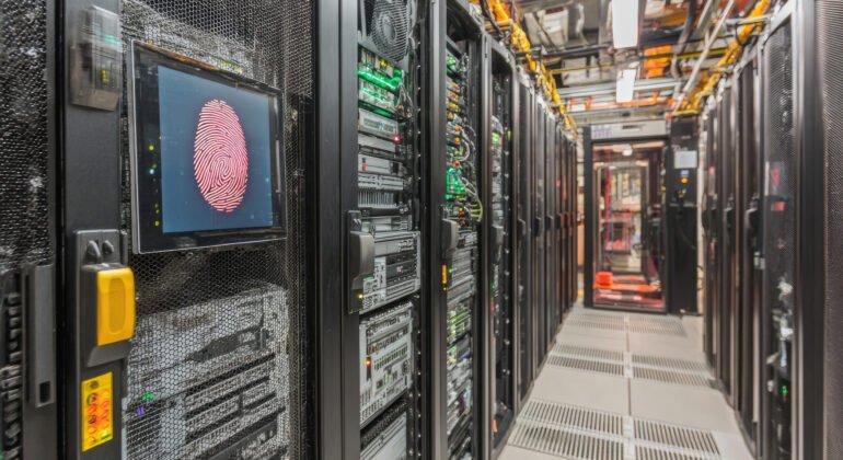 Modern Data Center with Server Racks and Biometric Security Featuring Fingerprint Technology in High-Tech Environment
