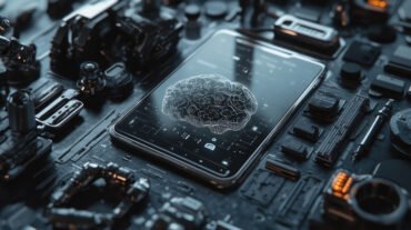 3D render of a smartphone with central AI brain, metallic robotic parts surrounding it