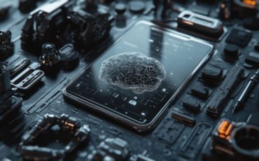 3D render of a smartphone with central AI brain, metallic robotic parts surrounding it