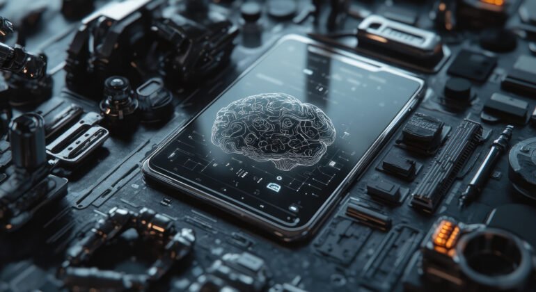 3D render of a smartphone with central AI brain, metallic robotic parts surrounding it