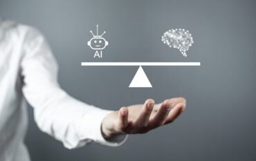 Man showing human brain with a Ai robot on scales.