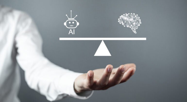 Man showing human brain with a Ai robot on scales.